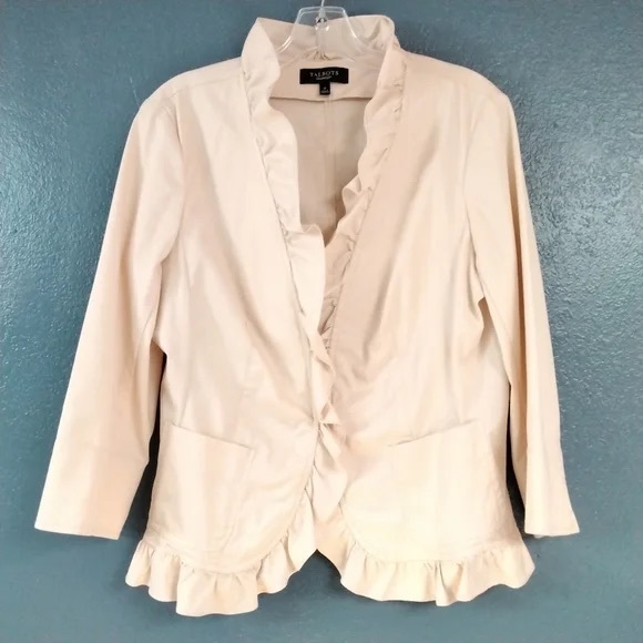 Talbots Jackets & Blazers - NWT Talbots. Blush Pink Ruffle Cotton Blazer. Metal clip closure. Size 14